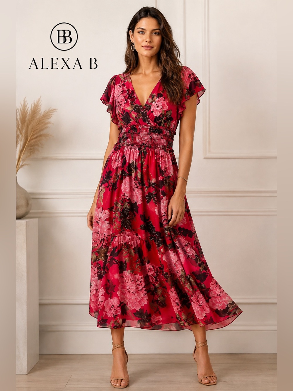 Alexa B Floral Maxi Dress Smocked Waist Flutter Sleeve Women’s 10 Wedding Resort